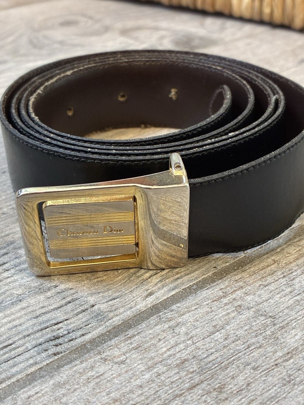 Vintage Christian Dior Mens Leather Reversible Belt Sz 42 Black Brown Two Tone